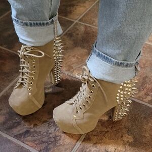 Jeffrey Campbell Lita Suede Tan Silver Spike Booties 6